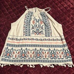 Skies Are Blue Embroidered Halter Top - Cream and Blue